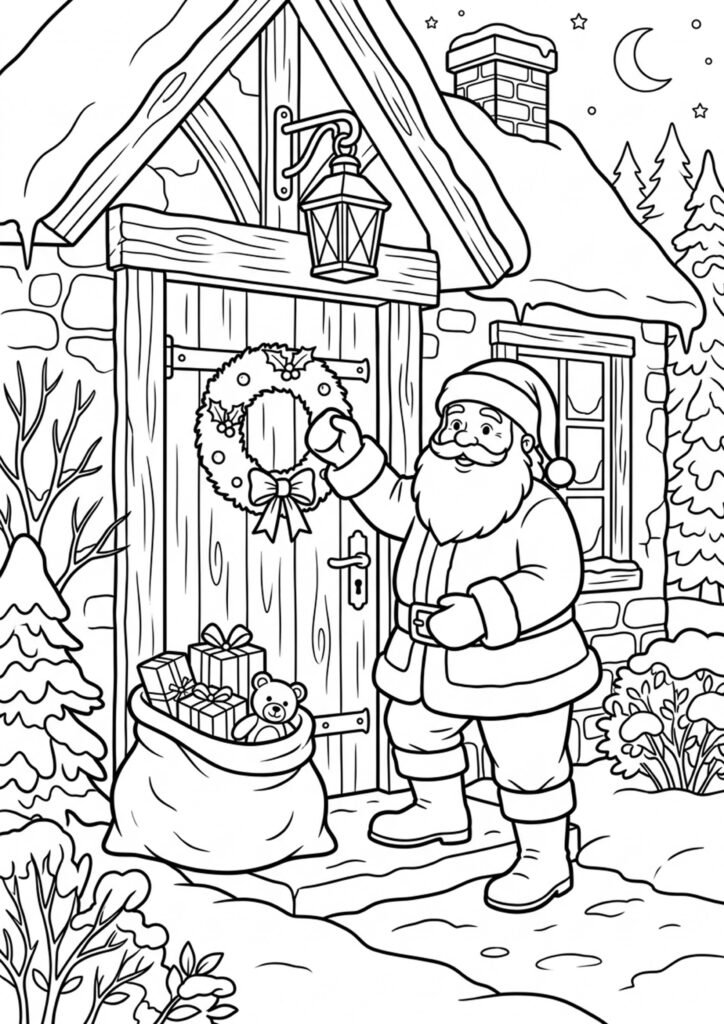 Der Weihnachtsmann klopft an die Tür - Ausmalbild zum Ausdrucken