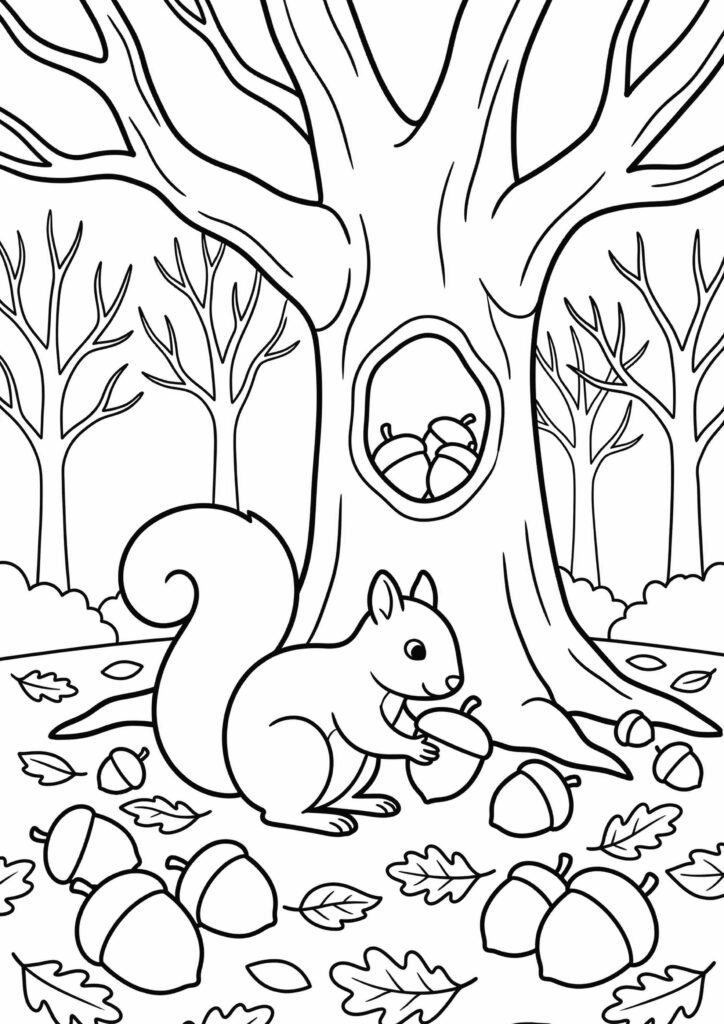 Eichhörnchen sammelt Nüsse - Malvorlage
